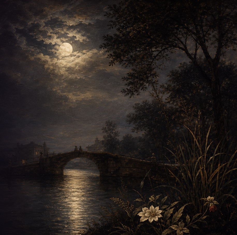 An original moonlit river nocturne with an arched bridge, dark trees, and pale flowers